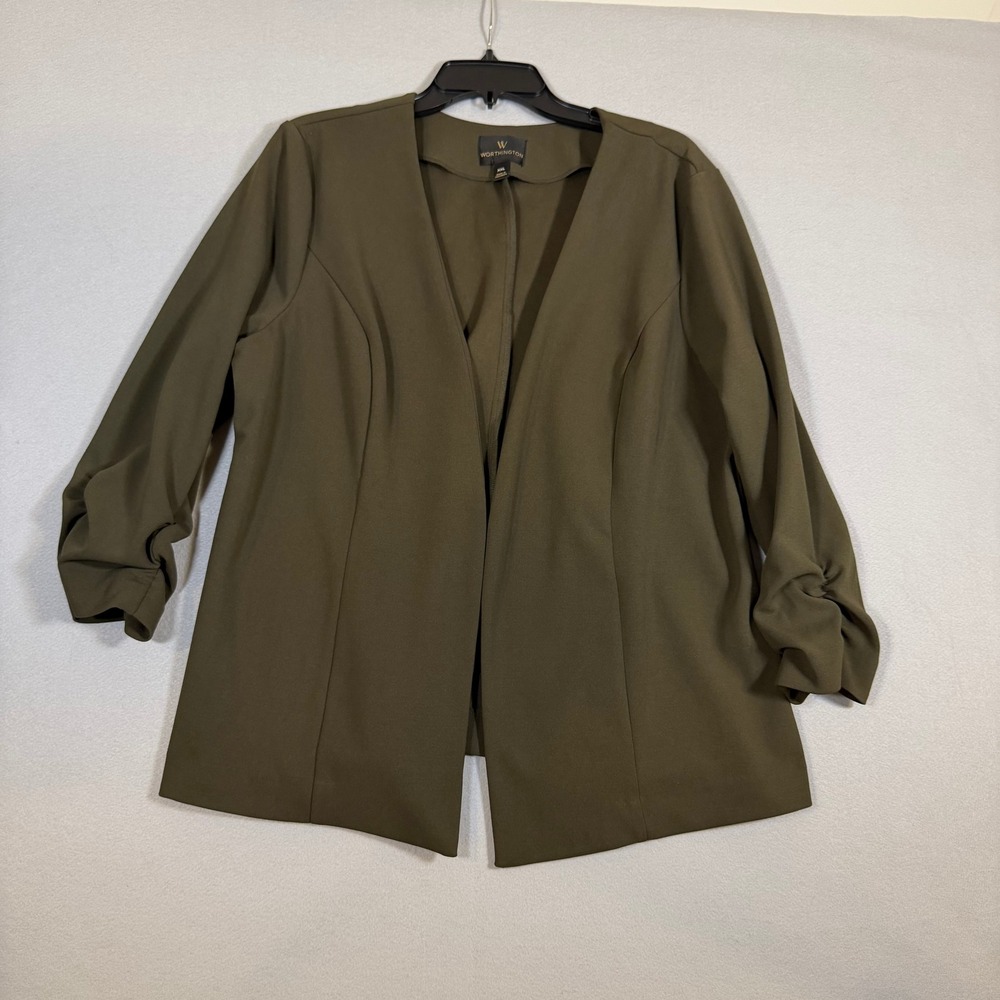 Worthington Women XXL Olive Green Open Front Ruched 3/4 Sleeve Blazer Jacket